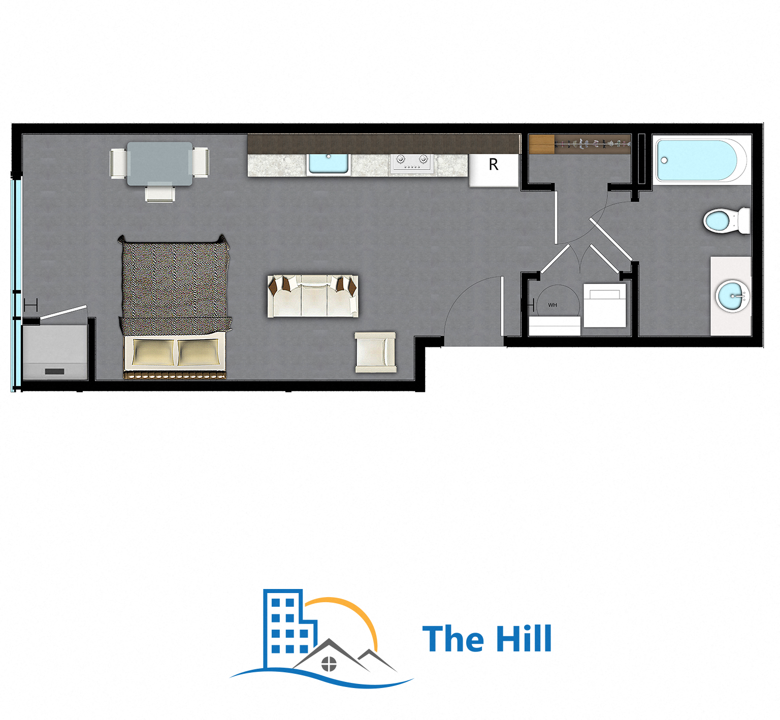 Floor plan for studio, 1 bath, 415 sqft